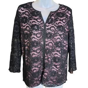 Tribal Womens Top L Black Lace‎ Pink Lined Romantic Whimsigoth Stretch
